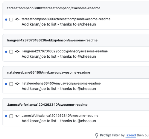 Screenshot of a list of repository entries with usernames and the message "Add karan/joe to list - thanks to @cheeaun" repeated for each notification entry.