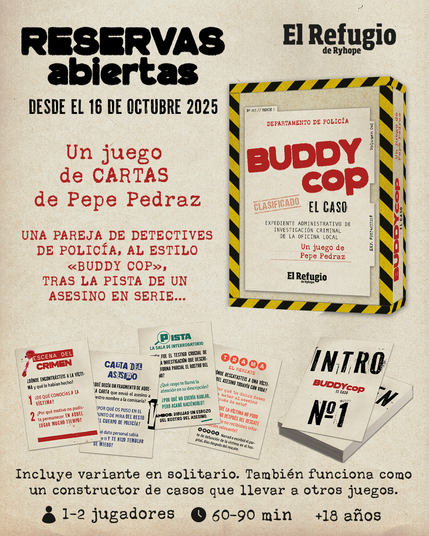 📣📣 @pepepedraz regresa con BUDDY COP: EL CASO, un juego de cartas narrativo, para 2 jugadores, en el que sois una pareja de detectives tras la pista de un asesino en serie; contaréis el desarrollo de la investigación a través de flashbacks ➡️ www.elrefugioeditorial.com/buddy-cop