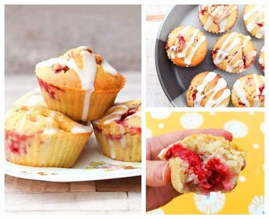 Small raspberry muffins topped with a drizzle of icing.