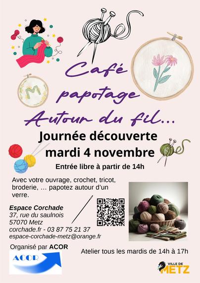 Affiche invitant à une journée porte ouverte à l'Espace Corchade de Metz le 4 novembre 2025 à partir de 14h pour découvrir l'atelier Broderie.