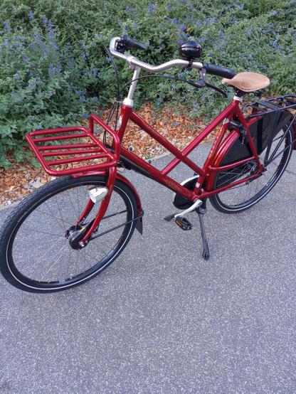 A glossy red bicycle is parked on a gray asphalt surface with green foliage in the background. The bicycle features a high step-through frame, a brown leather Brooks saddle, and racks both on the front and back. The front rack is made of metal bars. The bicycle has black tires, black pedals, and a silver front light. The manufacturer's name, AZOR, is visible on the frame near the pedals. 