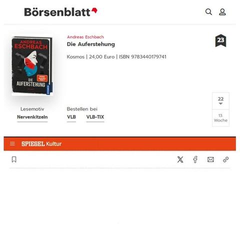 Screenshots: https://www.spiegel.de/kultur/bestseller-buecher-belletristik-sachbuch-auf-spiegel-liste-a-458623.html und https://www.boersenblatt.net/news/aktuelle-boersenblatt-bestsellerlisten/aktuelle-boersenblatt-bestsellerliste-belletristik-bestseller-hardcover 