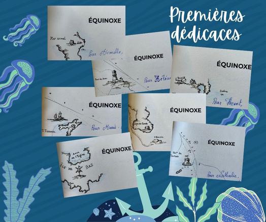 vignettes assemblées sur fond bleu ambiance océanique; chaque vignette montre un dessin de carte marine, extrait de la carte de la Baie de Morlaix dessinée par Charles Cornic. Le titre du roman "Équinoxe" apparaît sur la droite.