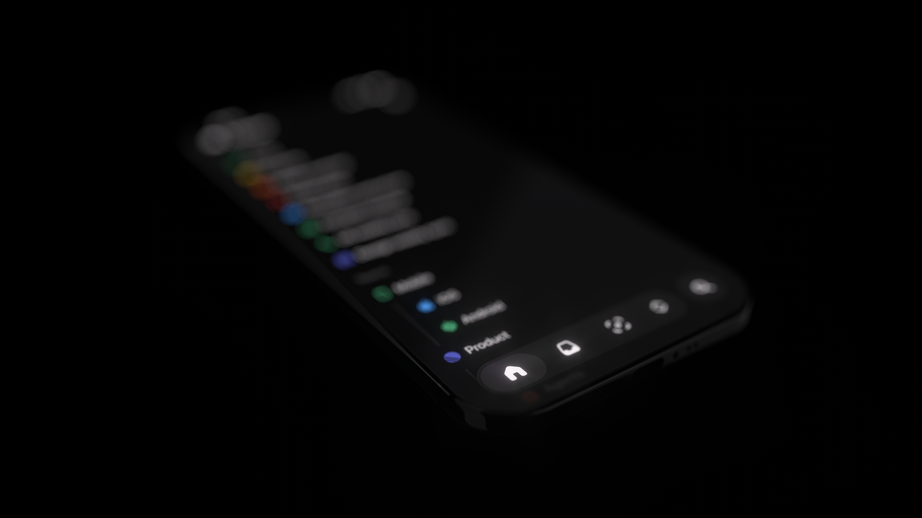 An iPhone with shallow depth of field. In the foreground, the bottom of the screen shows the new iOS 26 style tab bar of the Linear iOS app.