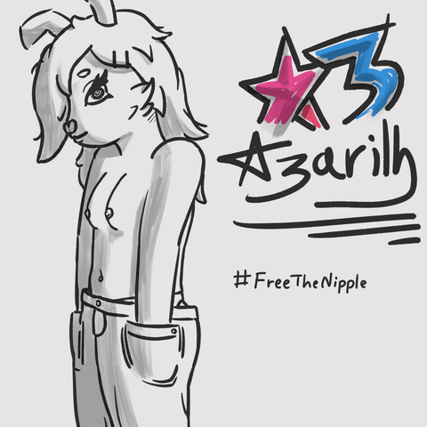 Black on white sketch of Azarilh's fursona, an anthro rabbit. The picture is on the side. Azarilh is wearing only underwear and pants, her chest is bare free. Her hands are in the pockets. She is gently smiling while gazing at the viewer. On the right there's a large signature with the Azarilh's logo. Beneath it reads "hashtag free the nipple".