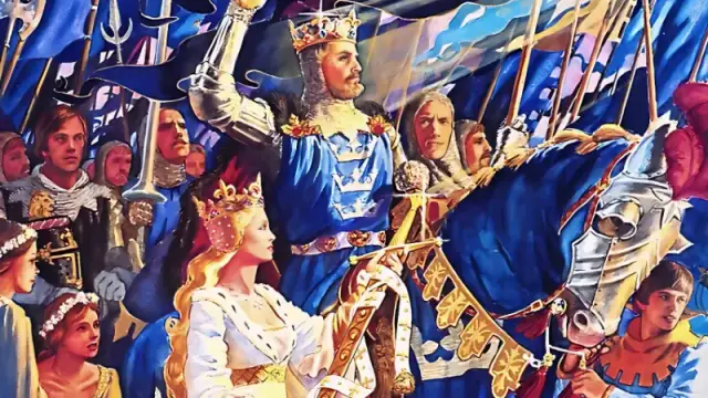 Official art from the Pendragon Classic Edition RPG, featuring King Arthur riding ahead of a column of loyal subjects.