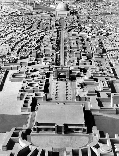 A model of Adolf Hitler's plan for Germania (Berlin) formulated under the direction of Albert Speer, looking north from the Triumphal Arch toward the Volkshalle at the top of the frame.
