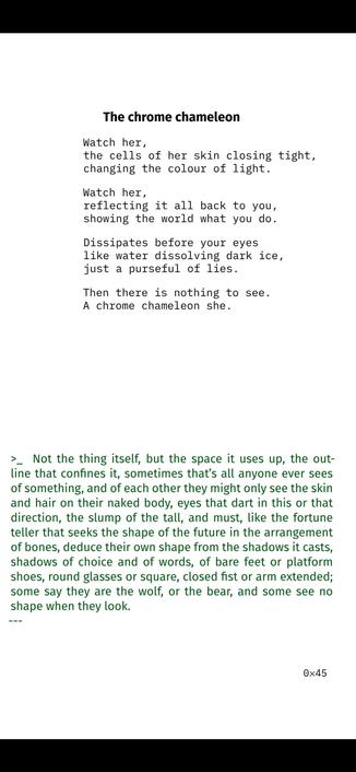 The chrome chameleon

Watch her,
the cells of her skin closing tight,
changing the colour of light.
Watch her,
reflecting it all back to you,
showing the world what you do.
Dissipates before your eyes
like water dissolving dark ice,
just a purseful of lies.
Then there is nothing to see.
A chrome chameleon she.

>_ Not the thing itself, but the space it uses up, the out-
line that confines it, sometimes that’s all anyone ever sees
of something, and of each other they might only see the skin
and hair on their naked body, eyes that dart in this or that
direction, the slump of the tall, and must, like the fortune
teller that seeks the shape of the future in the arrangement
of bones, deduce their own shape from the shadows it casts,
shadows of choice and of words, of bare feet or platform
shoes, round glasses or square, closed fist or arm extended;
some say they are the wolf, or the bear, and some see no
shape when they look.