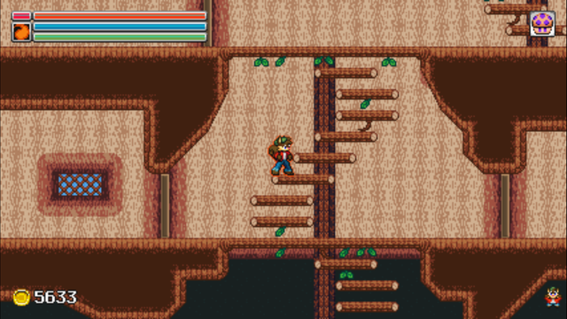 An interior of a giant tree with spiral log staircases and rooms. Midi is standing on one of the stairs.