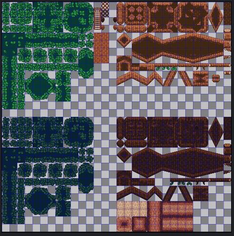 Current progress on my tree tileset. Leaves on the left and wood on the right, with background variants below. Some gaps exist to add variations and props, and keep the main terrains evenly spaced.