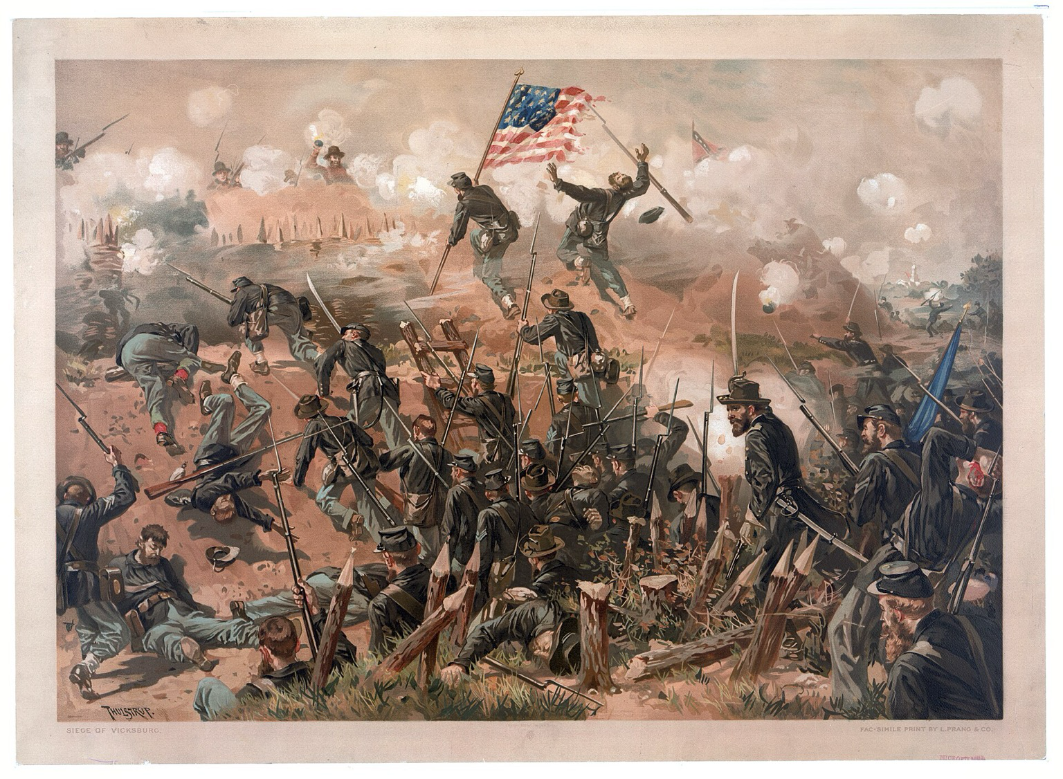 Color illustration of the Siege of Vicksburg during the American Civil War. Union soldiers advance up a fortified slope under heavy fire, smoke filling the air. One soldier carries the U.S. flag toward Confederate defenses while others fall or reload around him. Bayonets, earthworks, and explosions convey the chaos and intensity of battle.