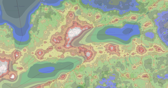 A colour-coded light pollution map centred on Toronto, showing extremely high levels of light pollution pretty much everywhere, except the middle of the great lakes.