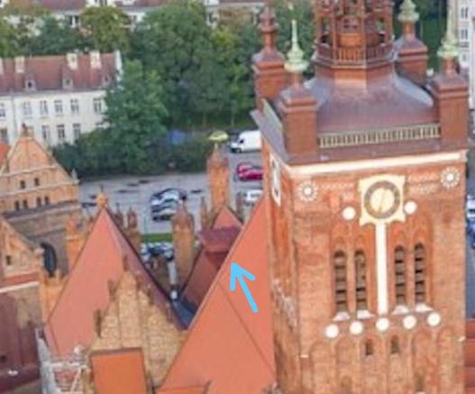 Aerial view of the church showing the antenna platform perched on the side of a gable roof. Image credit: Gdansk Museum of Science.
