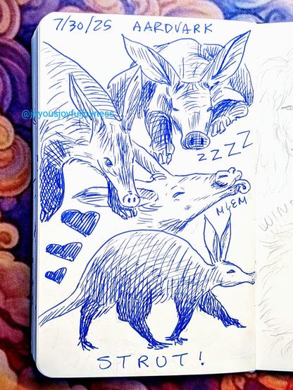 Sketchbook page of 4 drawings of Aardvarks in blue ink. The top of the page has the text 7/30/25 and Aardvark. The top left of the page has a standing Aardvark. To the right there's a sleeping Aardvark facing the viewer and the word Zzzz. Below is an Aardvark closing its eyes and sticking out its tongue and the word Mlem. At the bottom is a walking Aardvark in profile and the word Strut!