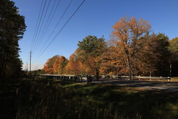 This photo was taken of a two lane paved roadway at an angle of approximately forty-five degrees. Power lines and poles can be seen extending in the distance on the left side of the frame. Guardrails are present on both sides of the road. Larger trees line the far side of the road which are displaying autumn colours. The sky is blue with only a trace of white clouds visible in the distance. No vehicles were on this section of the road when the photo was taken.