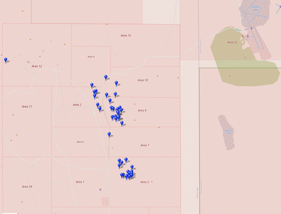 Kartierung aller Koordinaten von "Operation Niblick (Atomtest)" im Testgebiet Nevada (Nevada National Security Site, NNSS)
Quelle: OpenStreetMap
Lizenz: Open Data Commons Open Database-Lizenz (ODbL)
