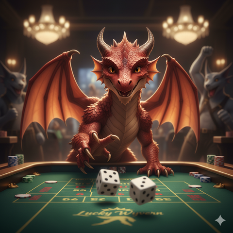 A red dragon grins while rolling dice on a casino table labeled “Lucky Wyvern,” surrounded by cheering dragons under warm chandelier light, symbolizing the playful side of chance and quantum uncertainty.