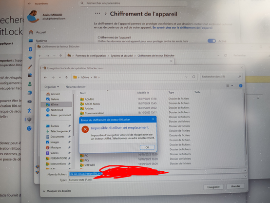 Enregistrer un fichier texte de clé Bitlocker, impossible d'enregistrer ce fichier sur une partition chiffrée