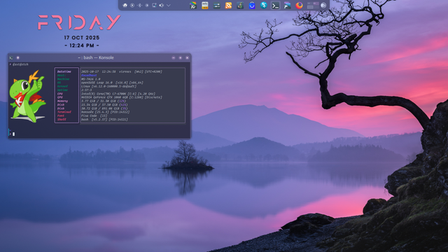 Captura de pantalla de un escritorio de GNU+Linux con un fondo de pantalla que muestra un paisaje sereno de un lago al atardecer o amanecer, con tonos morados y rosados en el cielo y reflejos en el agua. En primer plano, a la derecha, hay un árbol oscuro y retorcido que se extiende sobre el agua, y a lo lejos se ven montañas brumosas y una pequeña isla con un árbol.

En la parte superior izquierda del escritorio, se lee "FRIDAY", "17 OCT 2025" y "12:24 PM" en letras rosadas. Una barra de tareas semitransparente con varios iconos de aplicaciones se encuentra en la parte superior central.

En el centro-izquierda, hay una ventana de terminal llamada 'Konsole' con el prompt de Bash. Muestra la salida del comando fastfetch , que detalla la información del sistema operativo openSUSE Leap 16.0, el kernel de Linux . A la izquierda de la información, se ve el logo de Geeko, la mascota verde de openSUSE, con una 'K' roja en el pecho.