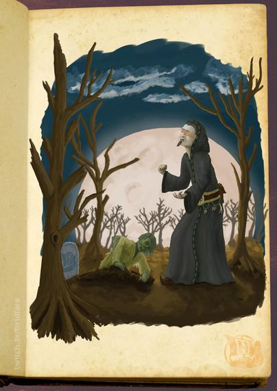 Digital hand drawn illustration of a necromancer summoning a corpse from a grave. There is a full moon over the abandoned mist filled grave yard. 