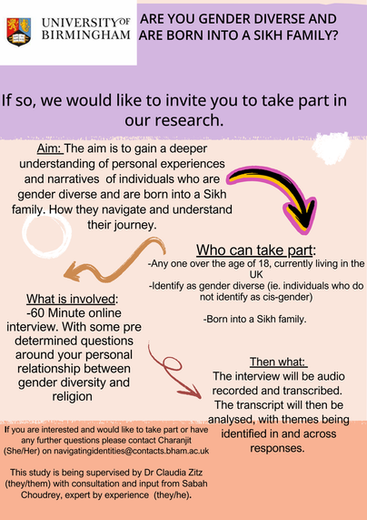 University of Birmingham logo 
Are you gender diverse and born into a Sikh family 
If so, we would like to invite you to take part in our research. 
Aim: The aim is to gain a deeper understanding of personal experiences and narratives of individuals who are gender diverse and born into a Sikh family. How they navigate and understand their journey. 
Arrow to who can take part
Who can take part: Anyone over the age of 18; currently living in the UK. Identify as gender diverse (ie individuals who do not identify as cis-gender)
Arrow to what is involved 
What is involved
60Minute online interview. With some predetermined questions around your personal relationship between gender diversity and religion.
 
If you have any questions or would like to take part please contact Charanjit (she/her) on navigatingidentities@contacts.bham.ac.uk
This study is being supervised by Dr Claudia Zitz (they/them) with consultation and input from Sabah Choudrey, expert by experience (they/him/he).