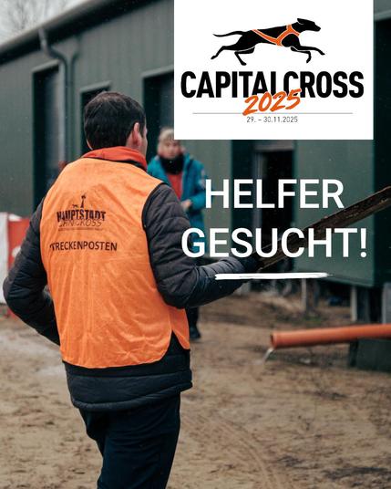 Das Foto zeigt eine Person von hinten vor einer grünen Halle, davor sandiger Boden. Die Person trägt eine orange-farbene Weste mit der Aufschrift "Hauptstadt Canicross Streckenposten". Auf dem Bild sieht man rechts oben das Logo des CAPITALCROSS und darunter der Schriftzug "Helfer gesucht".