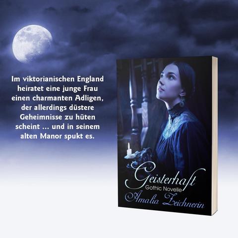 Der Pitch zum Buch:
Im viktorianischen England heiratet eine junge Frau einen charmanten Adligen, der allerdings düstere Geheimnisse zu hüten scheint ... und in seinem alten Manor spukt es.

Das Buchcover zeigt eine junge Frau mit dunkelbraunem Haar, in einem viktorianischen Kleid. Sie blickt nach oben und hält einen dekorativen Kerzenhalter mit einer brennenden Kerze in der Hand.