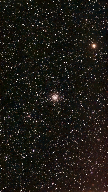 M56 cluster - telescope processed image with Moon and Sky Light Filter.  M56 is a globular cluster in Lyra (The Lyre), about 33,000 light-years away. It's one of the less dense and oldest clusters at 13.7 billion years. 