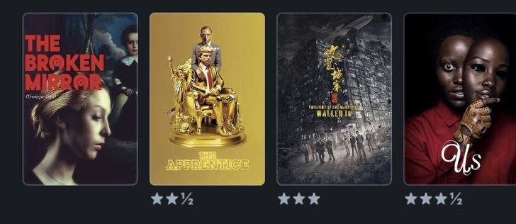 4 derniers films vus : "Trompe l'oeil" (3), "The Apprentice" (2,5), "City of Darkness" (3), "Us" (3,5), via Letterboxd 
