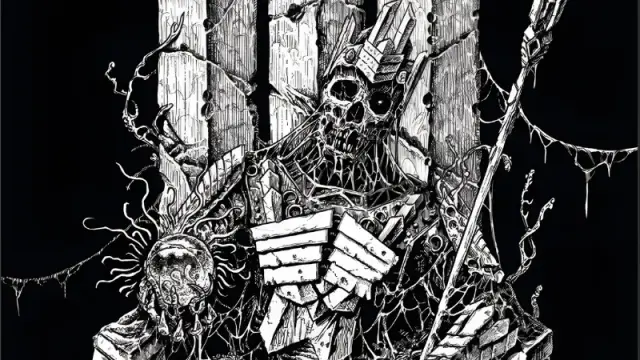 Official Shadowdark artwork, featuring a black and white drawing of a skeleton king sitting on a throne.