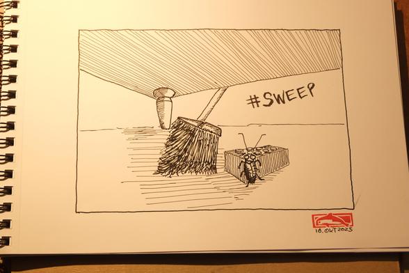 ink drawing of a cockroach hiding behind a lego under a sofa to not get swept away by a broom. #sweep #inktober