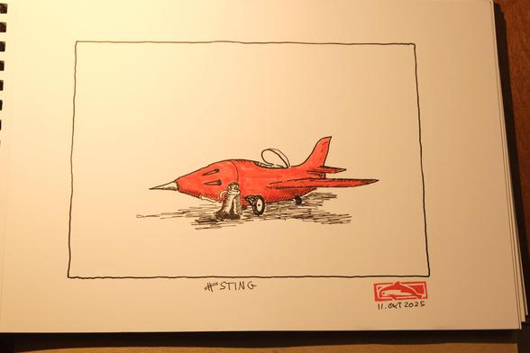 ink drawing of a pointy red jet plane with a bird like creature as pilot standing infront of it #sting #inktober