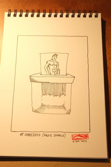 ink drawing of a paper shredder, shredding a picture of a athletic posing, but sad looking man. the caption says # shredded (false ideals) #inktober