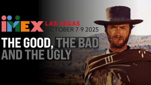A photo composite image of Clint Eastwood in his role as Blondie "The Good" in the movie "The Good, the Bad and the Ugly", the IMEX America (Las Vegas) 2025 logo, and the title "THE GOOD, THE BAD AND THE UGLY" with "THE GOOD" emphasized.