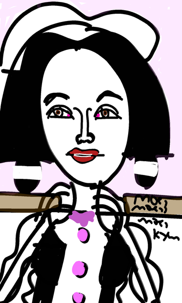 Japanese sumi painting of a Japanese maid wearing pigtails and red lipstick in a maid cafe