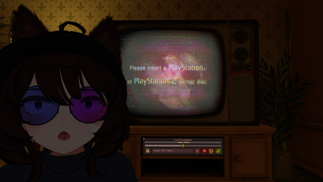 A stylized animated character with cat ears, brown hair, and glasses with one blue and one purple lens has a surprised expression while standing in a dimly lit retro room. Behind them, an old CRT television shows a distorted “Please insert a PlayStation or PlayStation 2 format disc” message. The setting features warm lighting, vintage wallpaper, and a wooden TV stand with an old media player interface visible below the screen.
