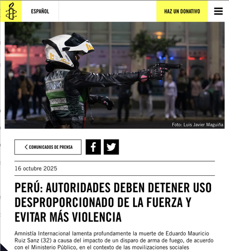 Foto de pantalla del comunicado de prensa "Perú: Autoridades deben detener uso desproporcionado de la fuerza y eviatar más violencia" en amnesty.org.