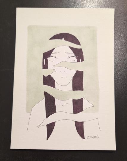 Traditional artwork of a girl with dark plum hair and empty eyes. Some parts of her are vanished so you can see the green background through her.