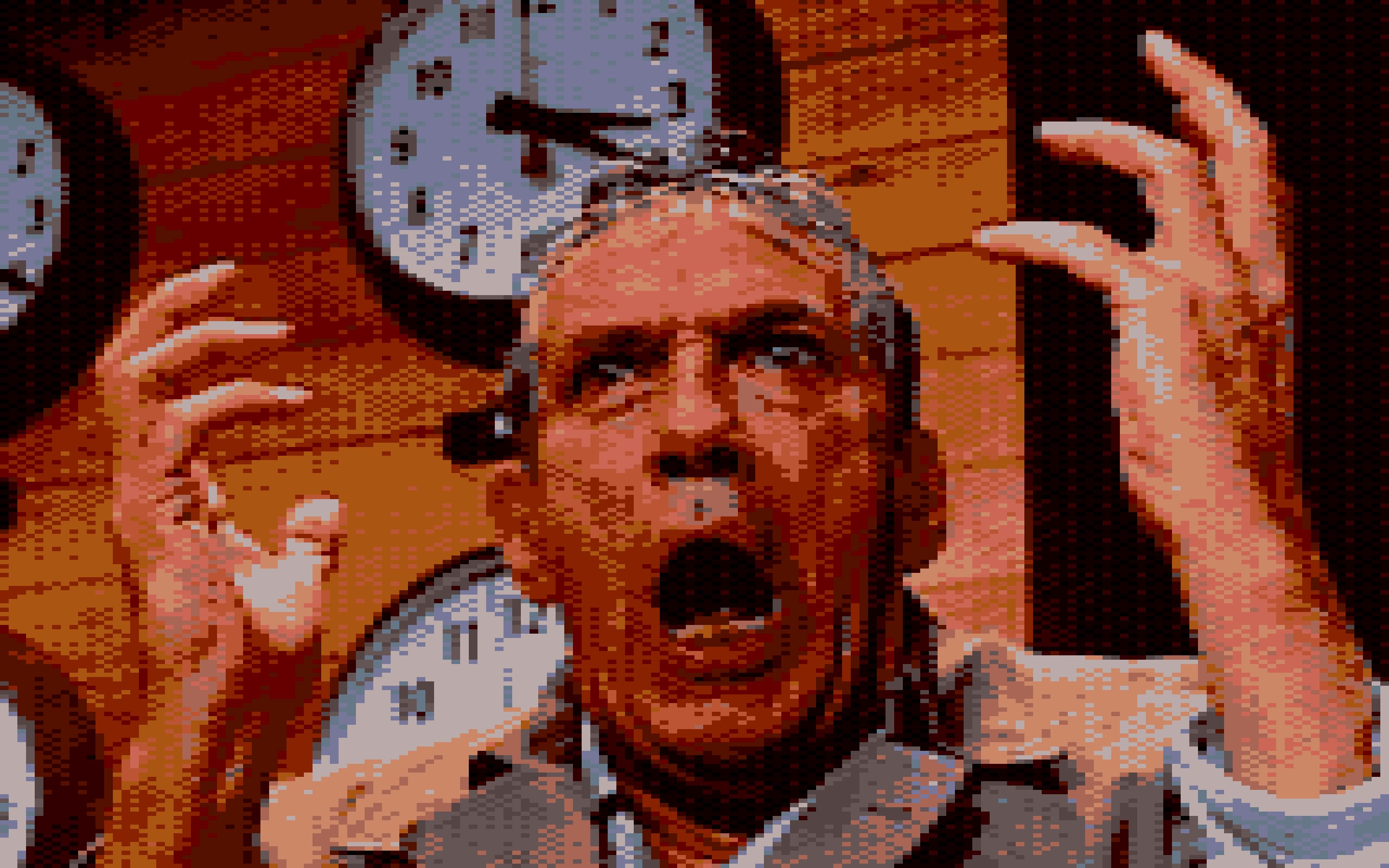 An image of Peter Finch as the newscaster Howard Beale in the 1976 film Network. It depicts a man in his late middle age standing in front of multiple clocks with his hands in the air, shouting in frustration.