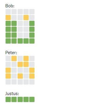 Drei Wordle-Screenshots: Bob findet die Lösung mit Überlegung in letzter Sekunde, Peter rät chancenlos herum, Justus weiß das Wort sofort ...