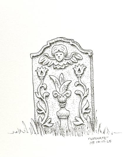 Ink drawing of an ornately carved headstone featuring an angel, plants, and flowers.