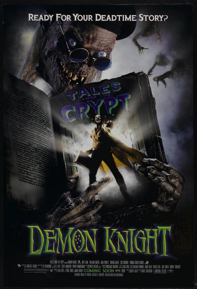 The poster for the movie the crypt keeper, opening his book and Billy Zane is bursting through while reaching for us, the audience, with the title at the bottom.
Tagline is: Ready for your deadtime story?