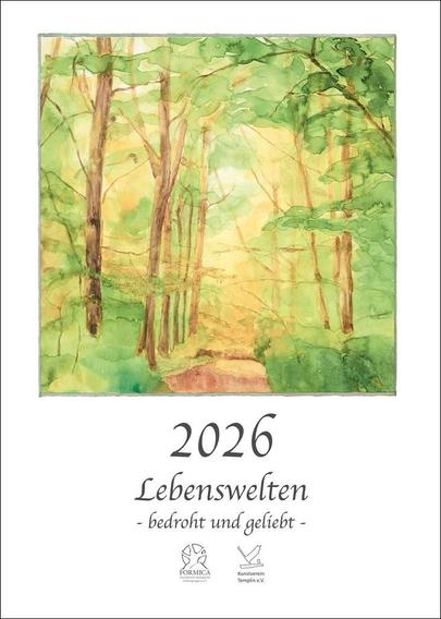 Titelblatt des Kalenders Lebenswelten 2026 mit einem Aquarell in hellem Grün, leuchtendem Gelb und  etwas Braun, das einen Waldweg zeigt.