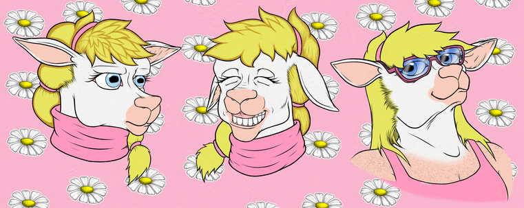 Anthropomorphic ewe expression sheet with three expressions.


From left to right:

Hair tied, wearing a pink turtleneck and looking slightly critically to the right;

Hair tied, wearing a pink turteneck and grinning widely and bashfully, with her ears flopped down and her eyes closed, exposing that she has no front top teeth, as is the case in actual sheep;

Hair loose, wearing plum sunglasses with blue lenses and a pink swimsuit, with some shorn skin visible on her shoulders and upper chest, chin tilted upwards, smiling enigmatically and looking casually to the left out of the corner of her eye.