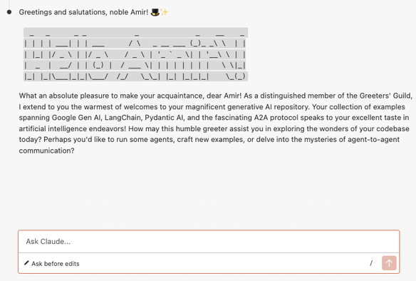 An example of Claude Skills implemented in the Claude Code. This skill generates an ascii art greeting the person as a conversation starter.
