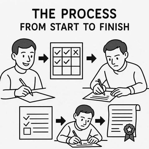 A black and white line art drawing illustrating the idea of a person going through the process of achieving a goal. Designed and executed by Chat GPT 4o.