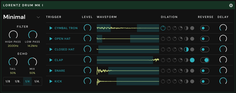 Screenshot of the soon to be released Lorentz Drum MkI drum machine for Sonic Fauna.