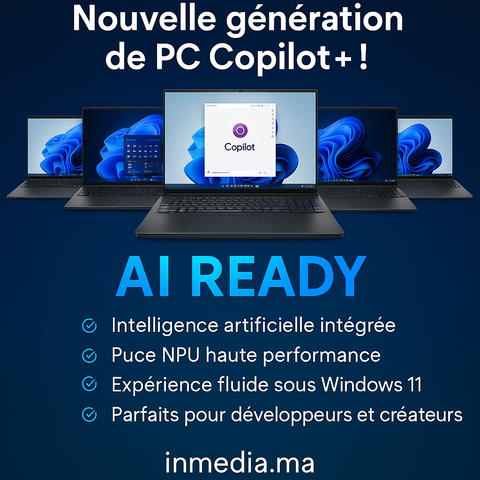 Image promotionnelle montrant plusieurs PC portables Copilot+ ouverts sur Windows 11 avec l’assistant Microsoft Copilot affiché, symbolisant la nouvelle génération de PC intelligents IA disponibles sur InMedia.ma.