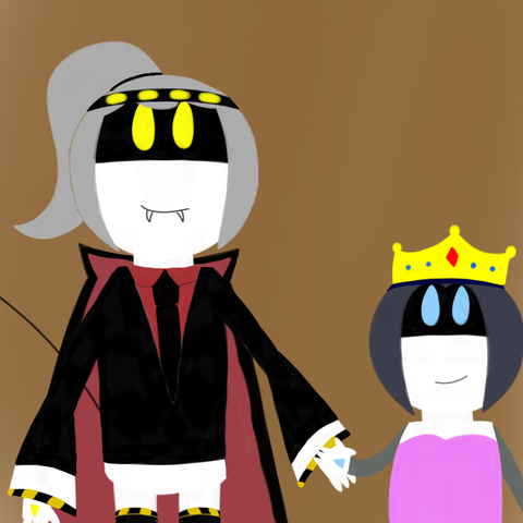 Drawing of D and Minerva looking at each other with a smile and they both are holding hands. D is dressed up as a vampire and Minerva is dressed up as a princess for the halloween season