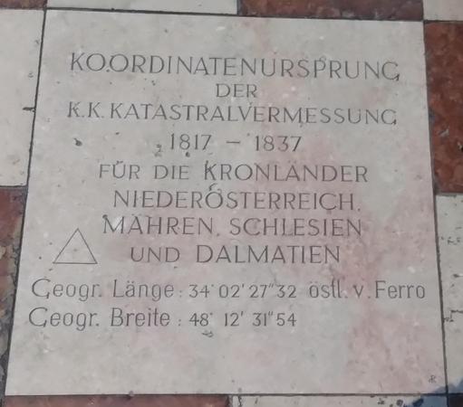 Im Boden vor der im Wiener Stephansdom situierten Taufkapelle eingelassene Steintafel mit der Inschrift:


Koordinatenursprung der k.k. Katastralvermessung 1817-1837 für die Kronländer Niederösterreich. Mähren. Schlesien und Dalmatien. Geogr. Länge: 34° 02' 27" 32 östl. von Ferro Geogr. Breite: 48° 12' 31" 54